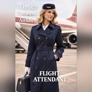 Vintage Continental Airlines Flight Attendant Navy Trench Coat Winter Size 14